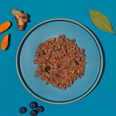 Prato azul com comida granulado castanho com pedaços alaranjados e pretos, em superfície azul, com folha verde, curcuma e mirtilos ao redor