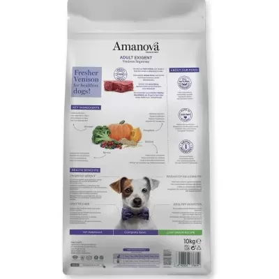Saco de ração para cães Amanovä 10kg com ingredientes naturais e imagem de cão