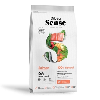 Saco branco de comida para cães Dibaq Sense com imagem e texto informativo