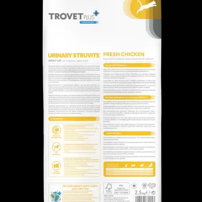 Embalagem branca de ração para gatos TROVET PLUS Urinary Struvite Fresh Chicken 2.5 kg