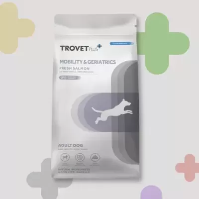 Pacote branco de alimento para cães com design cinzento e azul e cão a correr