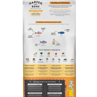 Saco de ração para cão HARPER AND BONE Ocean Wonders, embalagem branca e amarela com texto e imagens de peixes