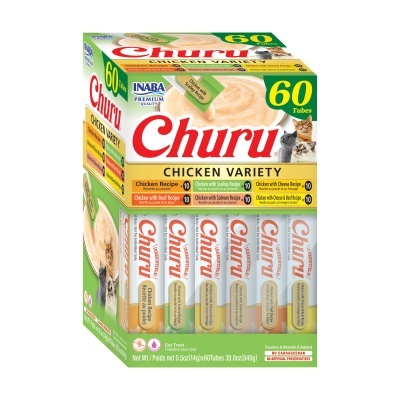 Caixa verde, amarela e branca de 60 tubos de alimento para gatos Churu Chicken Variety