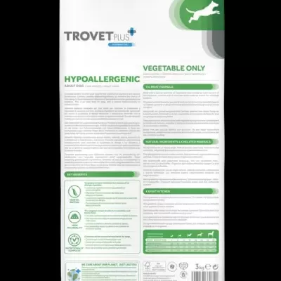 Saco branco de ração TROVET PLUS para cães adultos, texto verde e cinza, 3 kg