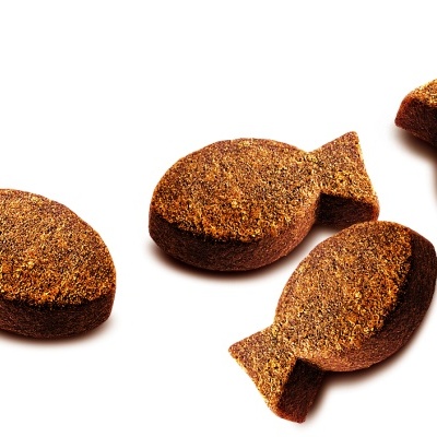 Biscoitos em forma de peixe castanho escuro com textura granulada sobre fundo branco