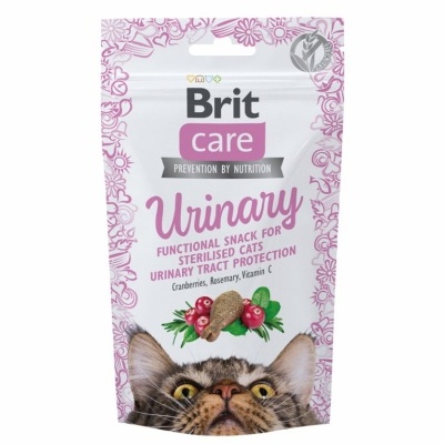 Embalagem snack funcional para gatos esterilizados Brit Care Urinary com imagem de gato