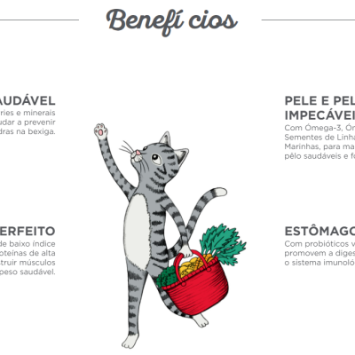 Ilustração de gato cinzento com cesta vermelha e texto sobre benefícios nutricionais para gatos em português.