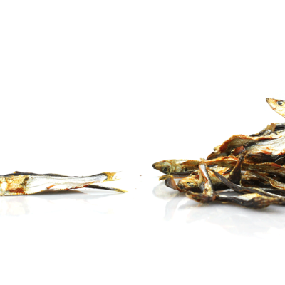 Peixes secos pequenos sobre superfície branca, um isolado e uma pilha maior