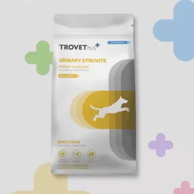 Embalagem branca de comida para cão TROVET PLUS Urinary Struvite Fresh Chicken com gráfico de cão a saltar