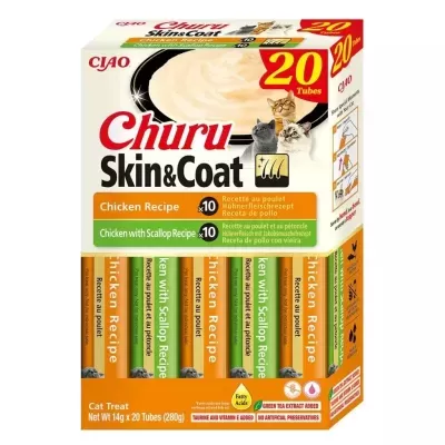 Pacote de alimento para gatos Churu Skin & Coat com 20 tubos em cores laranja e verde
