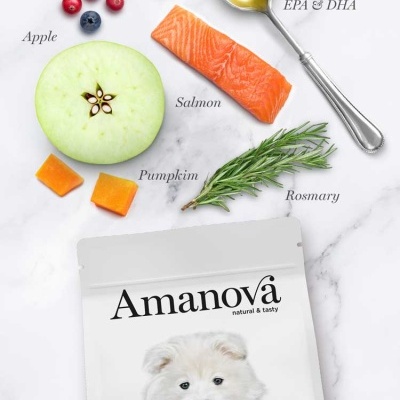 Pacote de ração Amanova Puppy Sensitive com ingredientes frescos ao redor