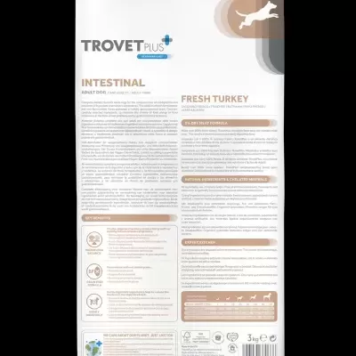 Saco branco de ração para cão TROVET PLUS INTESTINAL com texto e gráficos