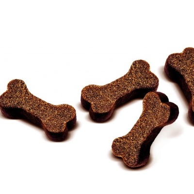 Biscoitos para cães em forma de osso castanhos sobre fundo branco