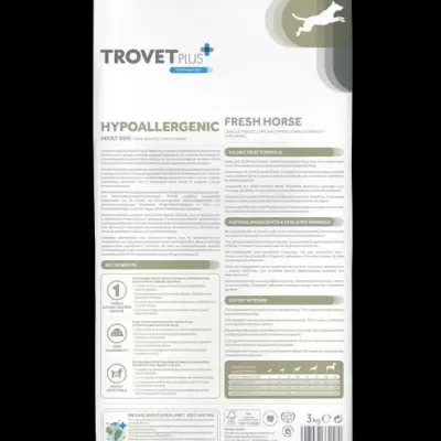 Embalagem branca de 3kg de ração para cães Trovet Plus Hypoallergenic Fresh Horse com texto e ilustrações em várias cores