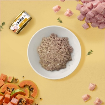 Lata de comida para animais, pedaços de carne crua, papaya picada, prato branco com comida dentro