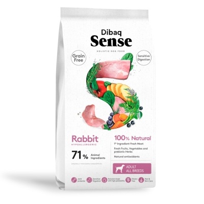Saco branco de ração para cães Dibaq Sense com letras pretas e rosa e imagens de carne e vegetais