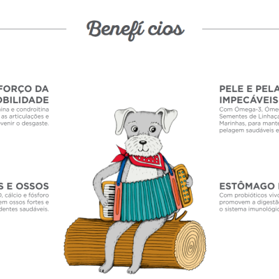 Ilustração de cão cinza vestido, sentado num tronco, com texto de benefícios em português