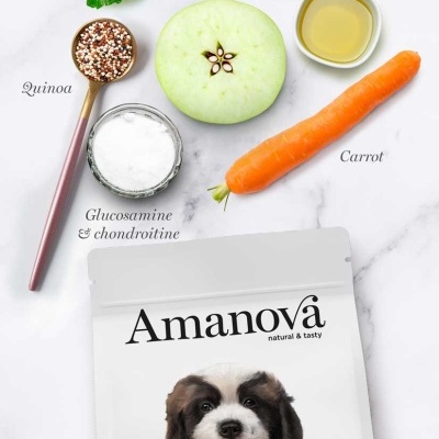Pacote de comida para cães Amanova Puppy Large com ingredientes frescos ao redor