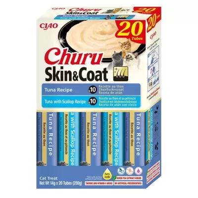 Embalagem de 20 tubos de snacks para gatos CIAO Churu Skin & Coat com sabores Tuna e Tuna with Scallop.