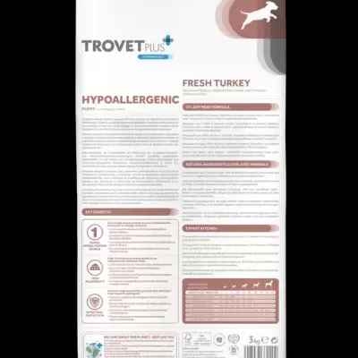 Saco branco de ração para cães TROVET PLUS sabor Fresh Turkey, 3 kg