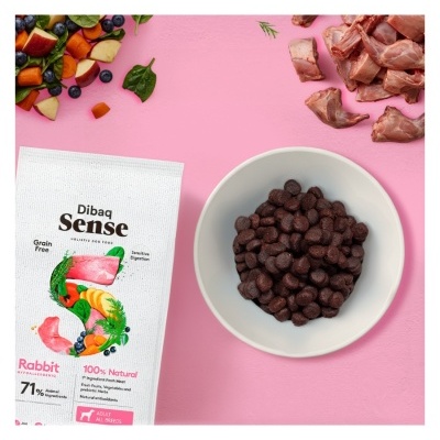 Embalagem de ração seca para cães Dibaq Sense com tigela de ração, carne crua e legumes sobre fundo rosa