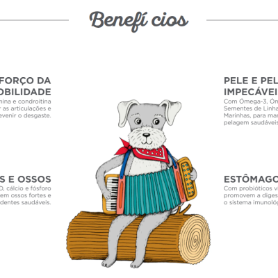 Ilustração de cão sentado num tronco com livro e texto explicativo de benefícios