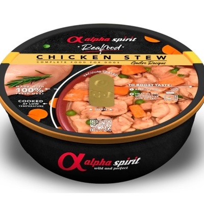 Tigela preta Alpha Spirit com selo de Chicken Stew e imagem de estufado de frango