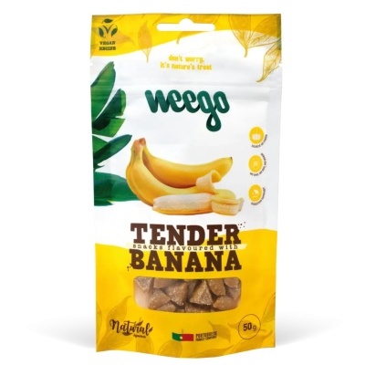 Pacote amarelo e branco de snacks sabor banana Weego com ilustração de bananas