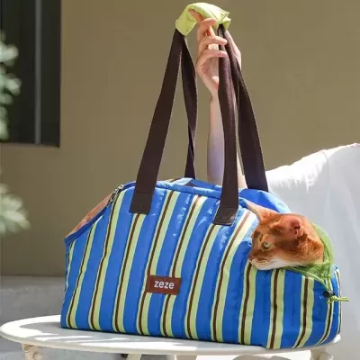 Mala de transporte azul com riscas verticais e um gato ruivo na janela de malha verde