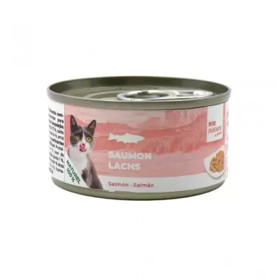 Lata de comida para gato com texto e imagem de gato