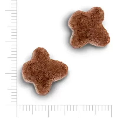 Duas peças marrons de ração em forma de cruz ao lado de régua mostrando tamanho