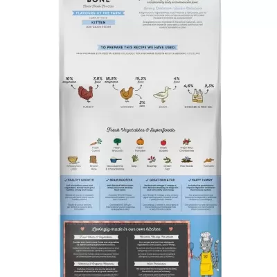 Embalagem de ração para gatos Harper and Bone KITTEN sem cereais com imagens de ingredientes e texto explicativo.