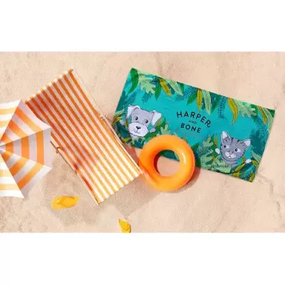 Toalha de praia verde com cão e gato e texto HARPER AND BONE, colchão insuflável laranja, chapéu riscas brancas e laranja sobre areia