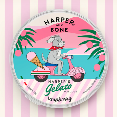 Embalagem redonda de gelado para cães com ilustração de cão em scooter rosa