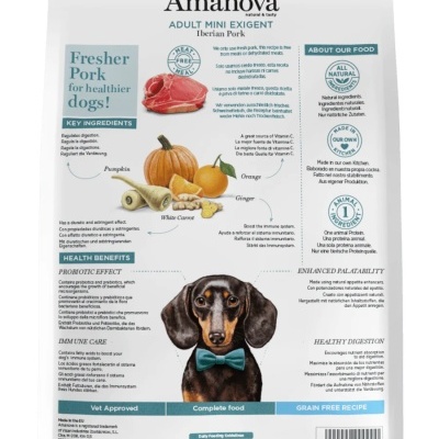 Saco de comida para cães Amanova Adult Mini Exigent com imagem de cão e texto sobre ingredientes e benefícios