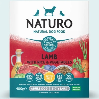 Embalagem de comida natural para cães NATURO sabor cordeiro com arroz e vegetais