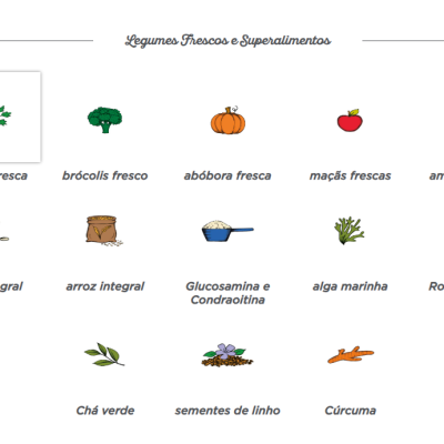 Ícones e nomes de legumes frescos e superalimentos em português