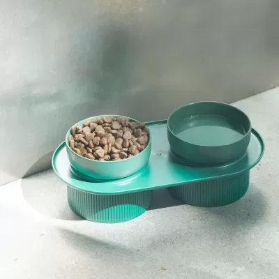 Comedouro e bebedouro duplo verde-água em plástico com ração e água