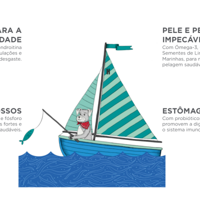 Barco de vela com urso e texto sobre benefícios de saúde em português