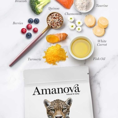 Embalagem de ração Amanova para gatos esterilizados com salmão, rodeada por ingredientes naturais como salmão, brócolis, quinoa, camomila, bagas, açafrão, óleo e cenoura branca.
