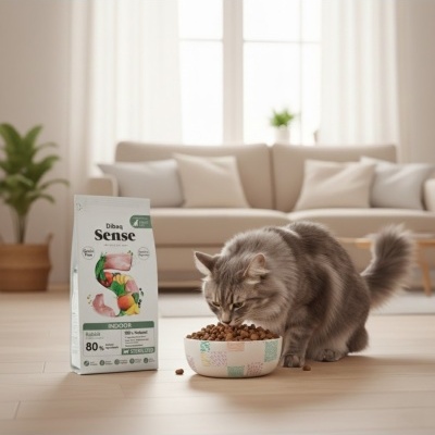 Saco de ração para gato Dibaq Sense Indoor Rabbit ao lado de gato cinzento a comer em tigela no interior de casa