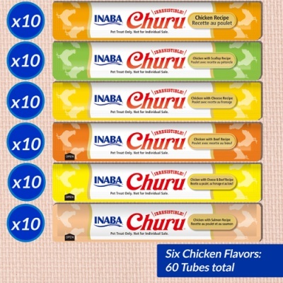Seis embalagens Inaba Churu em diferentes cores, texto com sabores de galinha, ícones azuis x10, total 60 tubos.