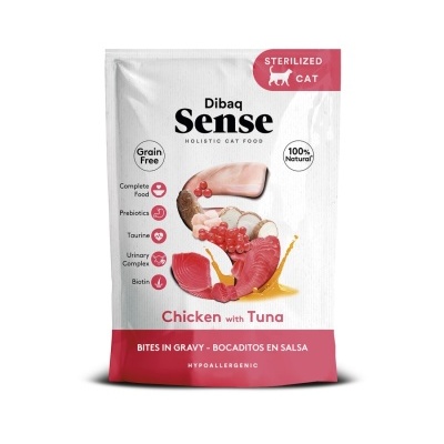 Pacote de comida húmida para gatos com design branco e vermelho e texto explicativo