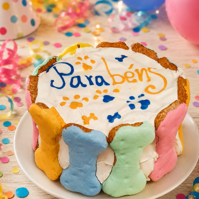 Bolo decorado com biscoitos coloridos em forma de osso e texto Parabéns
