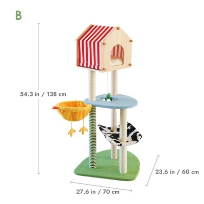 Arranhador para gatos multicolorido com casa de madeira e tenda com riscas vermelhas