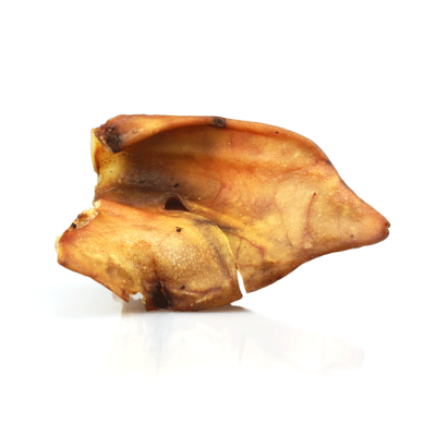 Orelha de porco desidratada para cães sobre fundo branco