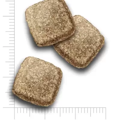 Três pastilhas quadradas castanhas com textura rugosa e réguas de medição