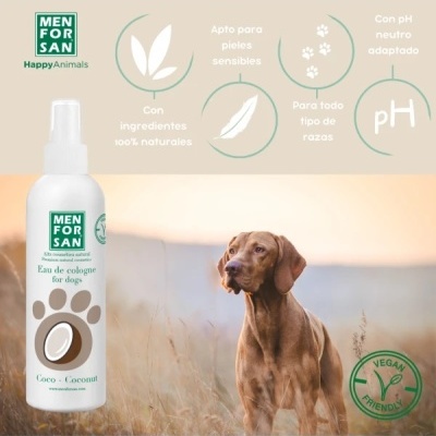 Perfume para cães Men For San coco com selo vegan friendly e cão castanho em campo
