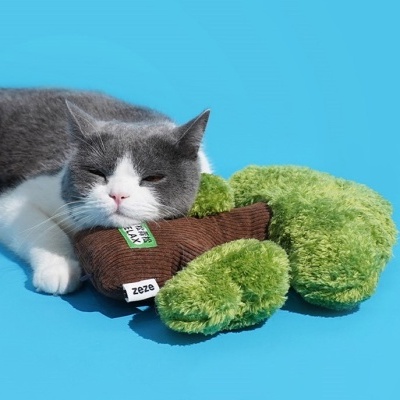 Gato cinzento e branco deitado com cabeça em almofada castanha e almofada verde ao lado, sobre fundo azul