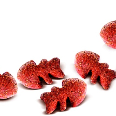 Cinco gomas vermelhas em forma de peixe sobre fundo branco